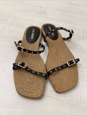 Steve Madden Black Strap Sandals with Tan Woven Footbed